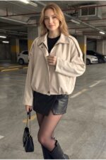 Kadın Oversize Kaşe Bomber Ceket - Yeni Sezon Trend Ceket - Krem - Görsel 3