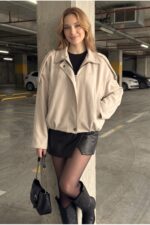 Kadın Oversize Kaşe Bomber Ceket - Yeni Sezon Trend Ceket - Krem - Görsel 4