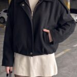 Kadın Oversize Kaşe Bomber Ceket - Yeni Sezon Trend Ceket - Siyah