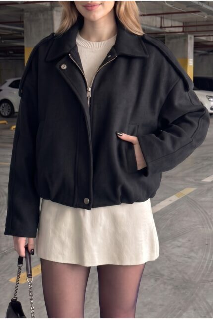 Kadın Oversize Kaşe Bomber Ceket – Yeni Sezon Trend Ceket – Siyah - Alfudo Moda