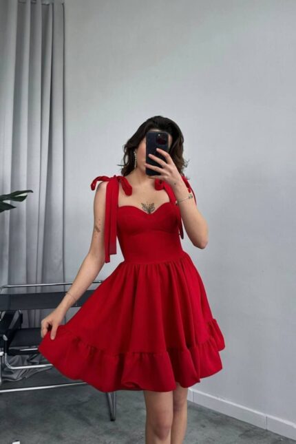 Gögüs Baglamalı Kırmızı Elbise – Kırmızı - Alfudo Moda