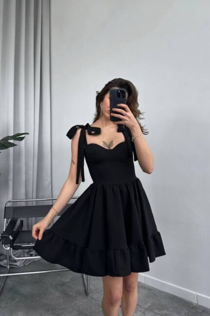 Gögüs Bağlamalı Siyah Elbise – Siyah - Alfudo Moda