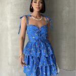 Askılı Elbise Eteği Volanlı Elbise Göğüs Destekli Mavi Mini Elbise Çiçekli Elbise Desenli Elbise - Mavi