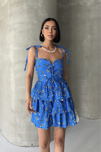 Askılı Elbise Eteği Volanlı Elbise Göğüs Destekli Mavi Mini Elbise Çiçekli Elbise Desenli Elbise – Mavi - Alfudo Moda