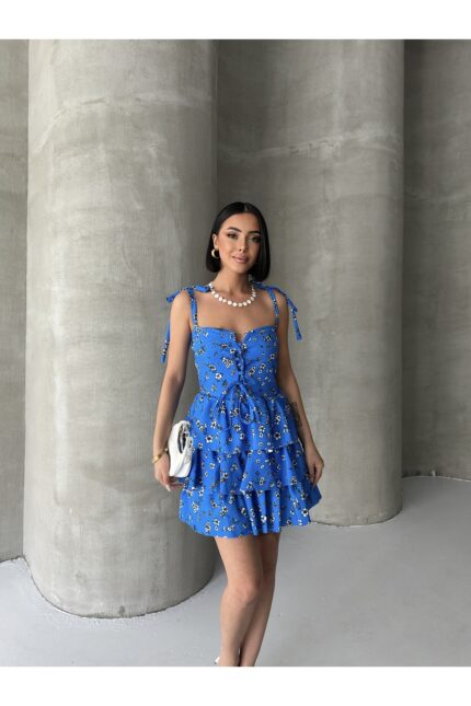 Askılı Elbise Eteği Volanlı Elbise Göğüs Destekli Mavi Mini Elbise Çiçekli Elbise Desenli Elbise – Mavi - Alfudo Moda