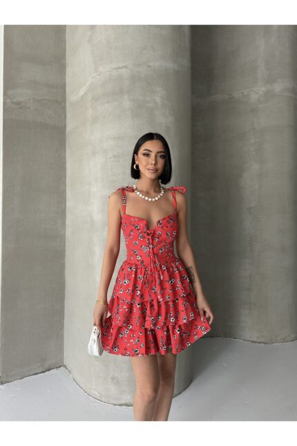 Askılı Elbise Eteği Volanlı Elbise Göğüs Destekli Kırmızı Mini Elbise Çiçekli Elbise Desenli Elbise – Kırmızı - Alfudo Moda