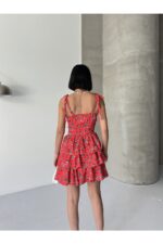 Askılı Elbise Eteği Volanlı Elbise Göğüs Destekli Kırmızı Mini Elbise Çiçekli Elbise Desenli Elbise - Kırmızı - Görsel 3