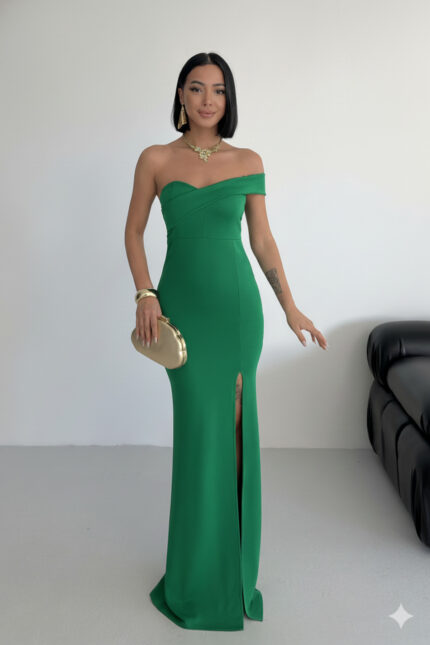 Tek Omuz Yeşil Gece Abiye Elbisesi – Yeşil - Alfudo Moda