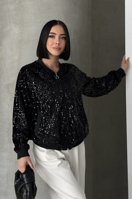 Payetli Bomber Ceket Siyah – Siyah - Alfudo Moda