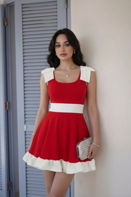 Siyah Beyaz Fiyonk Detaylı Fırfırlı Mini Mezuniyet Abiye Elbise – Kırmızı - Alfudo Moda