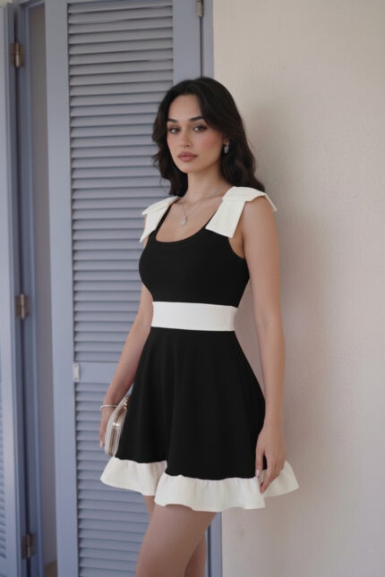 Siyah Beyaz Fiyonk Detaylı Fırfırlı Mini Mezuniyet Abiye Elbise – Siyah - Alfudo Moda