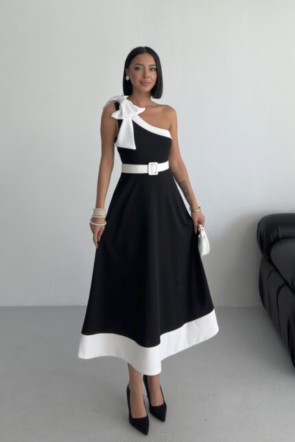 Kadın Midi Fiyonk Detaylı Kemerli Siyah Beyaz Abiye Elbise – Siyah - Alfudo Moda