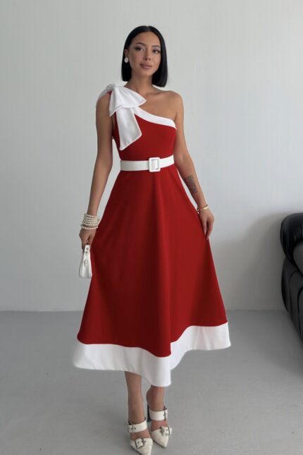Kadın Midi Fiyonk Detaylı Kemrli Abiye Elbise – Kırmızı - Alfudo Moda