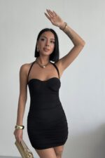 Korse Detay Askılı Siyah Elbise - Siyah - Görsel 2