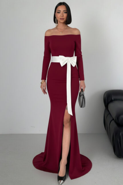 Maxi Balık Yırtmaçlı Beyaz Fiyonklu Mezuniyet Abiye Elbise – Bordo - Alfudo Moda