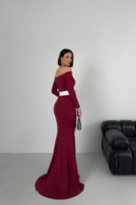 Maxi Balık Yırtmaçlı Beyaz Fiyonklu Mezuniyet Abiye Elbise - Bordo - Görsel 4