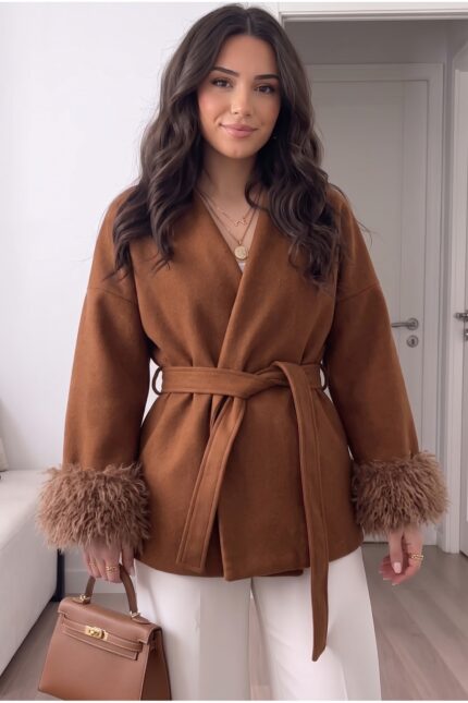 Kahve Bağlama Detaylı Rahat Kalıp Kaşe Kol tüy detay Hırka/Ceket – Kahverengi - Alfudo Moda