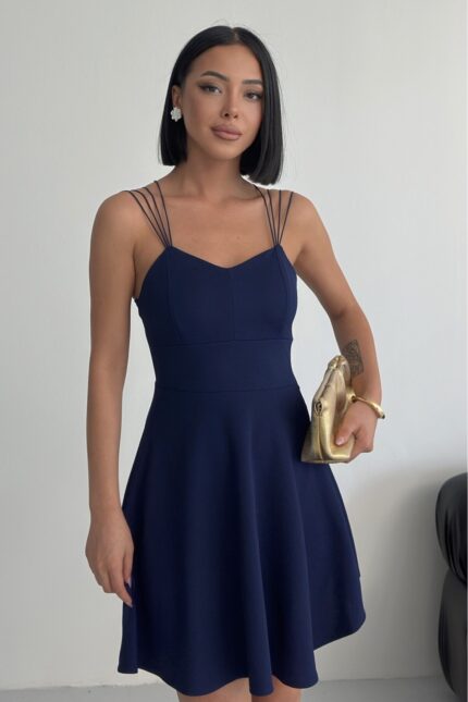 İnce Askılı Sırt Dekolteli Volan Kloş Lacivert Mezuniyet Elbisesi – Lacivert - Alfudo Moda