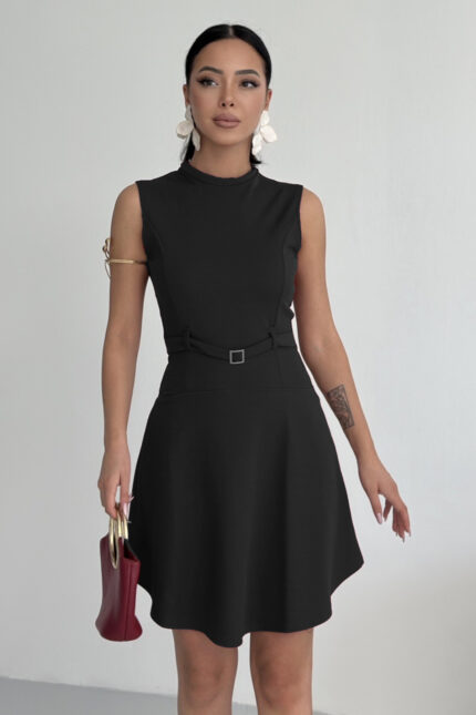 Bisiklet Yaka Kemer Aksesuar Elbise Siyah – Siyah - Alfudo Moda