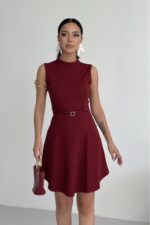 Bisiklet Yaka Kemer Aksesuar Elbise Bordo - Bordo