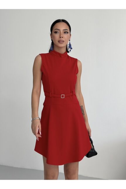 Bisiklet Yaka Kemer Aksesuar Elbise Kırmızı – Kırmızı - Alfudo Moda