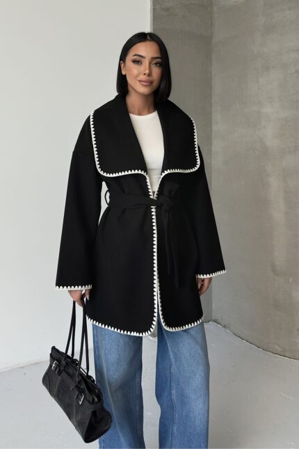 Nakış Detaylı Kemerli Yumuşak Siyah Ceket – Siyah - Alfudo Moda