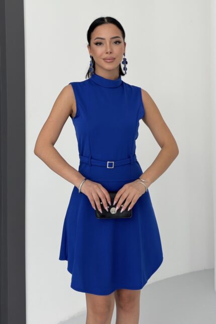 Bisiklet Yaka Kemer Aksesuar Elbise Saks Mavi – Saks Mavisi - Alfudo Moda