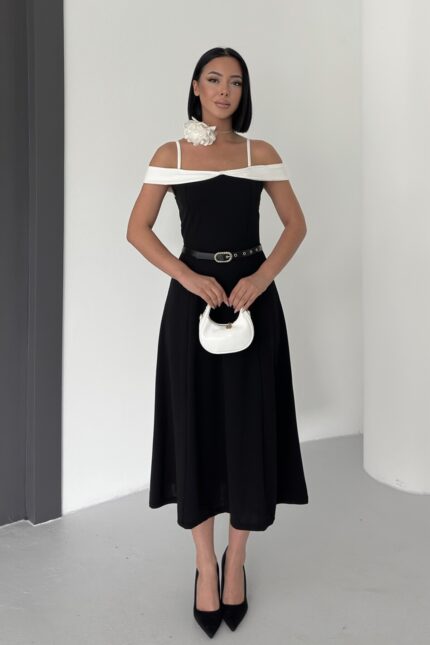 Çift Renk Midi Kemerli Elbise Siyah Beyaz – Siyah - Alfudo Moda