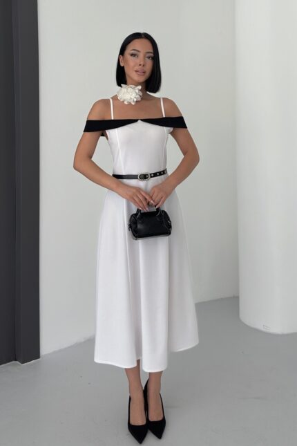 Çift Renk Midi Kemerli Elbise Beyaz Siyah – Beyaz - Alfudo Moda