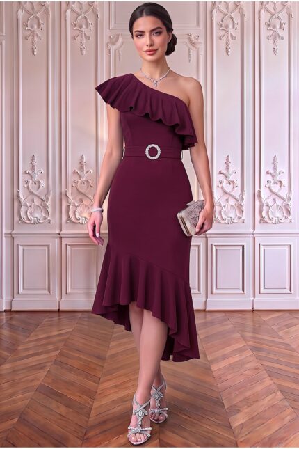 Tek Omuz Volan Detaylı Midi Elbise – Bordo - Alfudo Moda