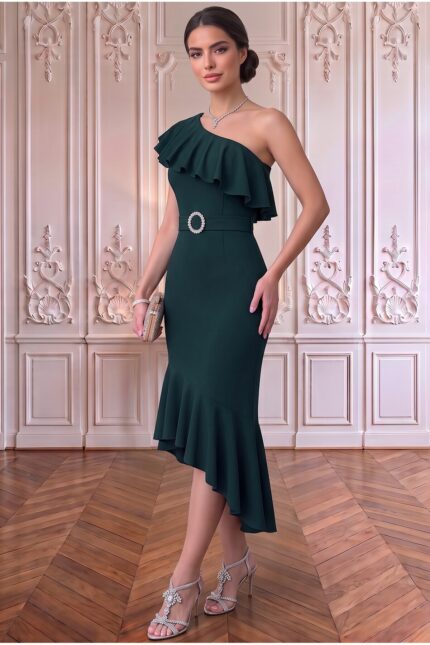 Tek Omuz Volan Detaylı Midi Elbise – Yeşil - Alfudo Moda