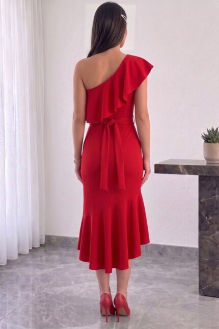 Tek Omuz Volan Detaylı Midi Elbise – Kırmızı - Alfudo Moda