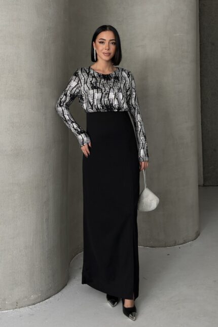 Siyah Gold Desenli Uzun Kollu Şık Maxi Abiye Elbise – Gümüş - Alfudo Moda