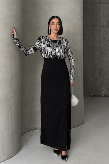 Siyah Gold Desenli Uzun Kollu Şık Maxi Abiye Elbise – Gümüş - Alfudo Moda