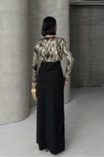 Siyah Gold Desenli Uzun Kollu Şık Maxi Abiye Elbise - Gold - Görsel 3