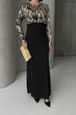 Siyah Gold Desenli Uzun Kollu Şık Maxi Abiye Elbise - Gold - Görsel 5