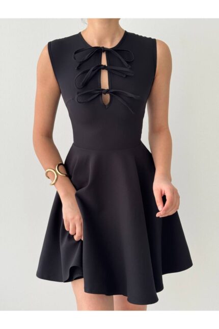 Göğsü Bağcıklı Muadil Kloş Siyah Elbise – Siyah - Alfudo Moda