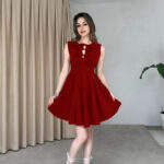 Göğsü Bağcıklı Muadil Kloş Bordo Elbise - Bordo