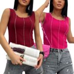 Kadın Mavi Yeşil Ters Dikiş 2'li Fitilli Crop Bluz - Bordo