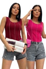 Kadın Mavi Yeşil Ters Dikiş 2'li Fitilli Crop Bluz - Bordo