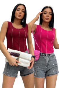 Kadın Mavi Yeşil Ters Dikiş 2'li Fitilli Crop Bluz - Bordo