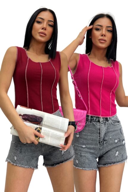 Kadın Mavi Yeşil Ters Dikiş 2'li Fitilli Crop Bluz - Bordo