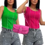 Kadın Fuşya Yeşil Ters Dikiş 2'li Fitilli Crop Bluz - Yeşil