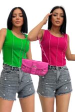 Kadın Fuşya Yeşil Ters Dikiş 2'li Fitilli Crop Bluz - Yeşil