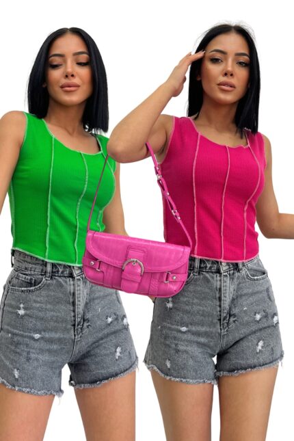Kadın Fuşya Yeşil Ters Dikiş 2'li Fitilli Crop Bluz - Yeşil