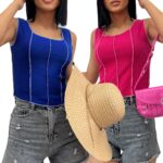 Kadın Mavi Fuşya Ters Dikiş 2'li Fitilli Crop Bluz - Mavi