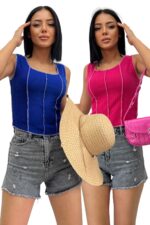 Kadın Mavi Fuşya Ters Dikiş 2'li Fitilli Crop Bluz - Mavi