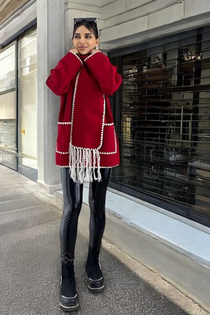 Nakış Detaylı Atkılı Yumuşak Kaşe Kaban Kırmızı Ceket – Kırmızı - Alfudo Moda