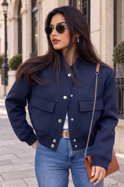 Çıtçıt Detaylı Cepli Kısa Bomber Ceket – Lacivert - Alfudo Moda
