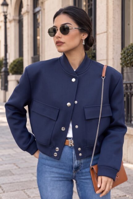 Çıtçıt Detaylı Cepli Kısa Bomber Ceket – Lacivert - Alfudo Moda